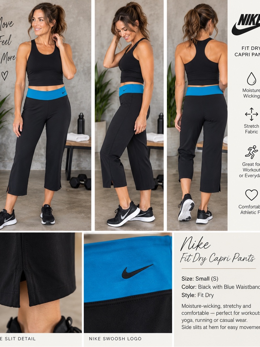 Nike Fit Dry Capri Pants — Black with Blue Waistband